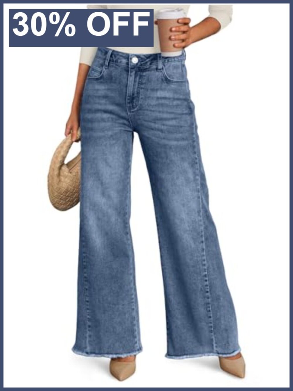 Wide Leg Jeans for Women Raw Hem Mid Rise Relaxed Stretch Casual Denim Pants